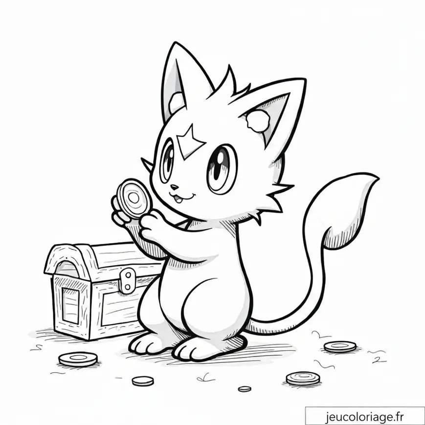 Chat mignon découvrant un trésor : coloriage pour enfants