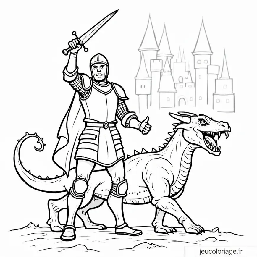 Chevalier et dragon devant un château majestueux