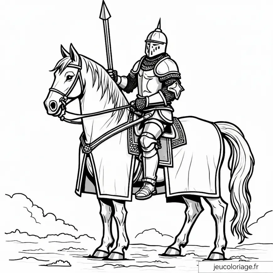 Chevalier médiéval courageux à cheval à colorier
