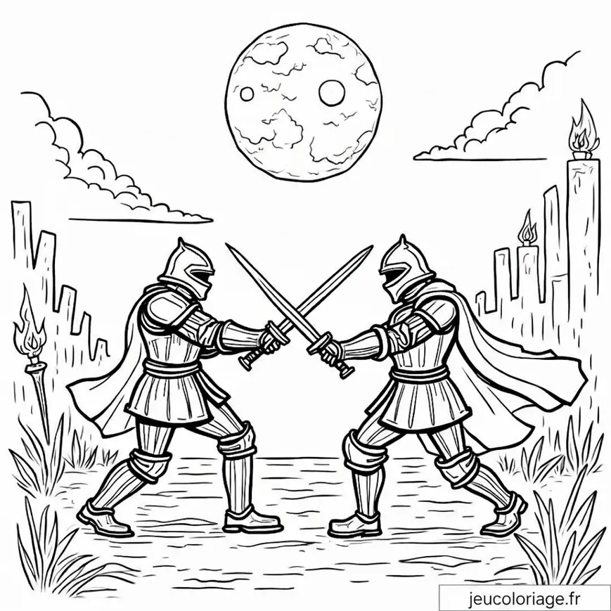 Chevaliers en duel sous la lune à colorier pour enfants