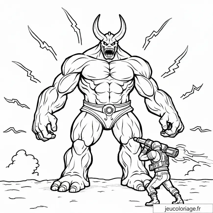 Colorez un combat épique entre un guerrier et un monstre terrifiant