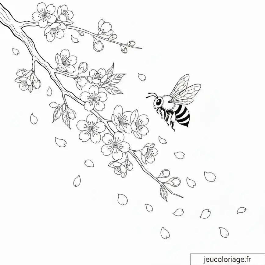 Coloriage Abeille et Fleurs de Cerisier, Nature Apaisante et Détente