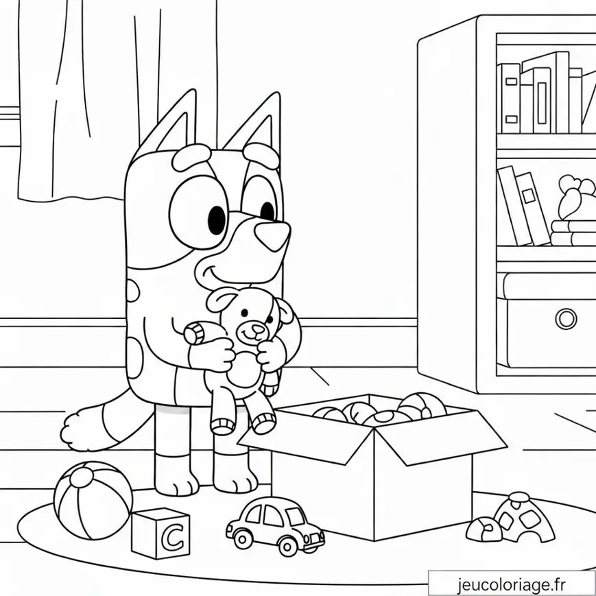 Coloriage Bluey avec ses jouets dans sa chambre
