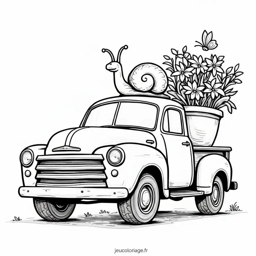 Coloriage Camion Vintage avec Escargot et Fleurs