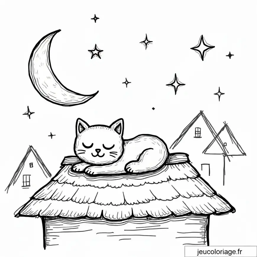 Coloriage Chat Endormi sous la Lune Étoilée