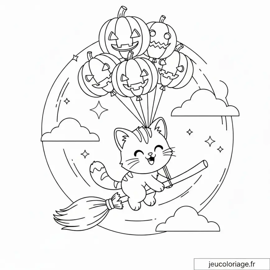 Coloriage Chat Magique Volant avec Ballons Citrouilles