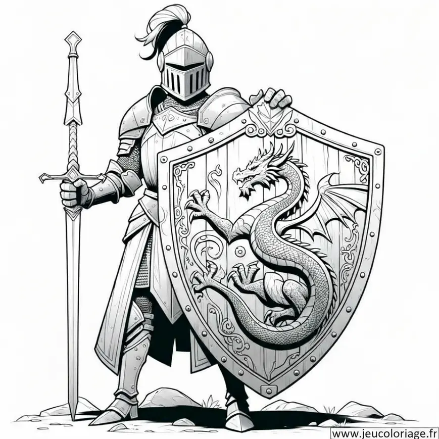 Coloriage Chevalier tenant un bouclier avec un dragon gravé