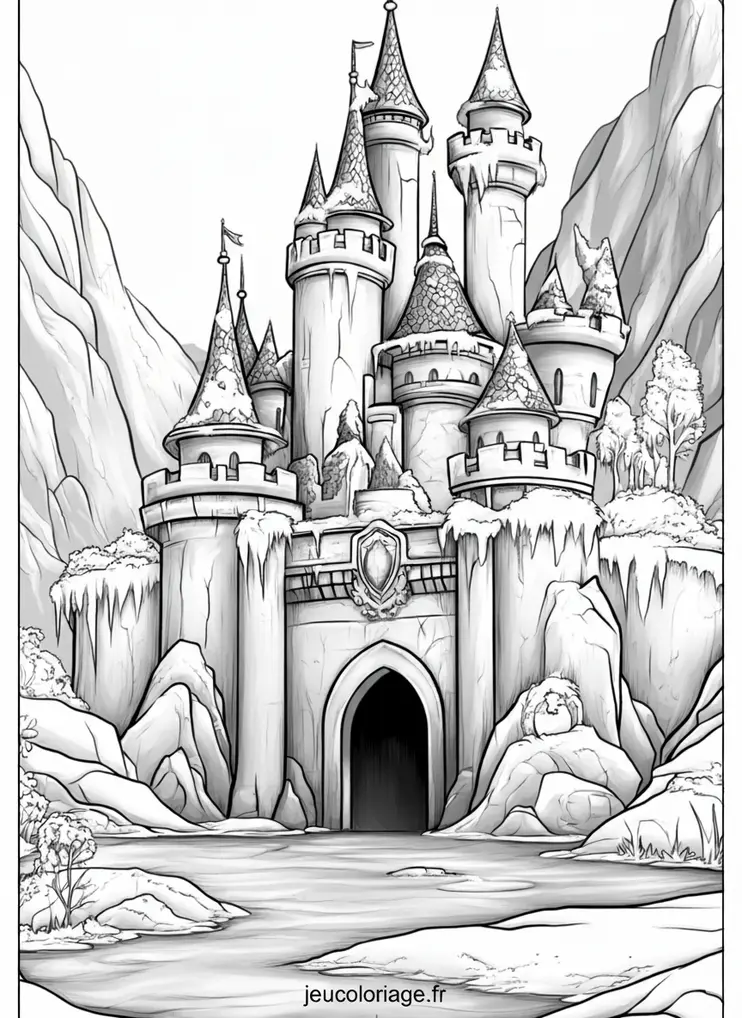 Coloriage Château Enchanté dans Paysage Hivernal Féérique