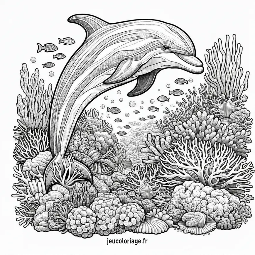 Coloriage Dauphin et récif corallien