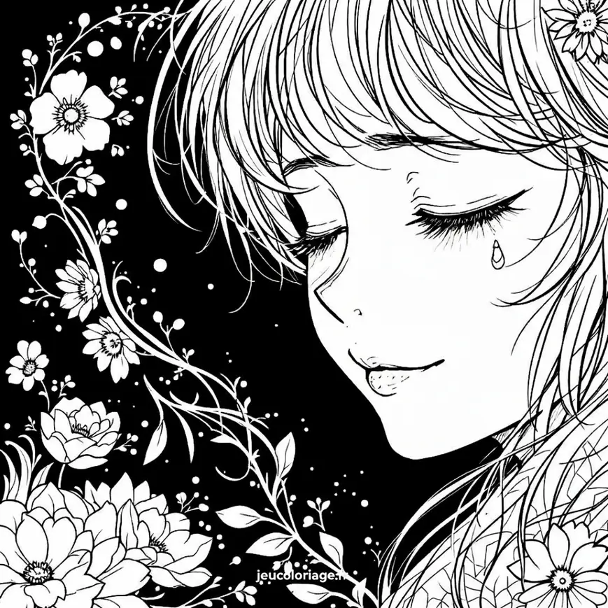 Coloriage Fille Émotive et Fleurs Envoûtantes