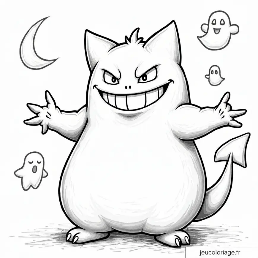 Coloriage Gengar Halloween avec Fantômes et Lune