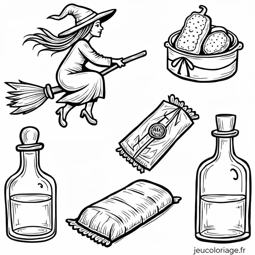 Coloriage Halloween : sorcière sur son balai et potions