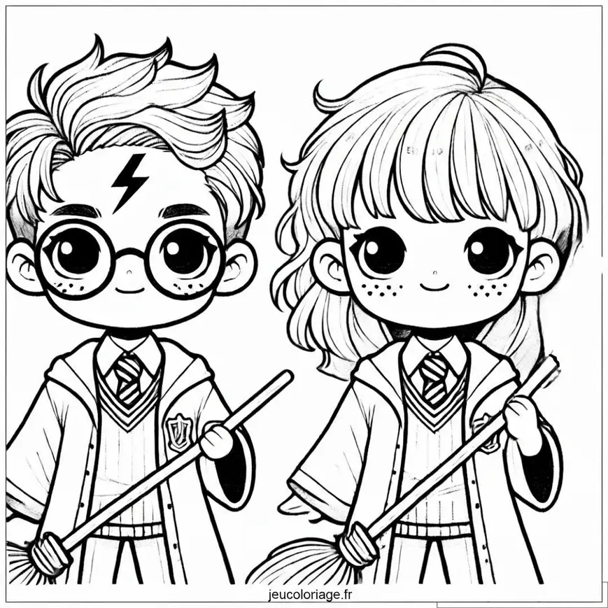 Coloriage Harry Potter et Hermione Granger avec leurs balais