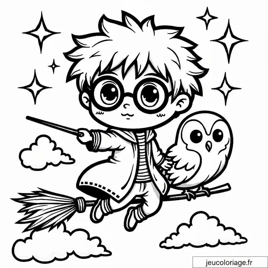 Coloriage Harry Potter sur balai avec Hedwige magique