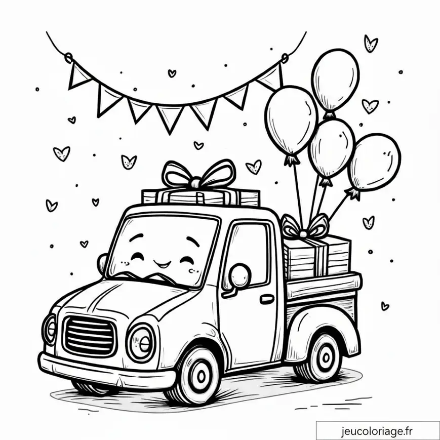Coloriage Joyeux Camion Festif avec Ballons et Cadeaux