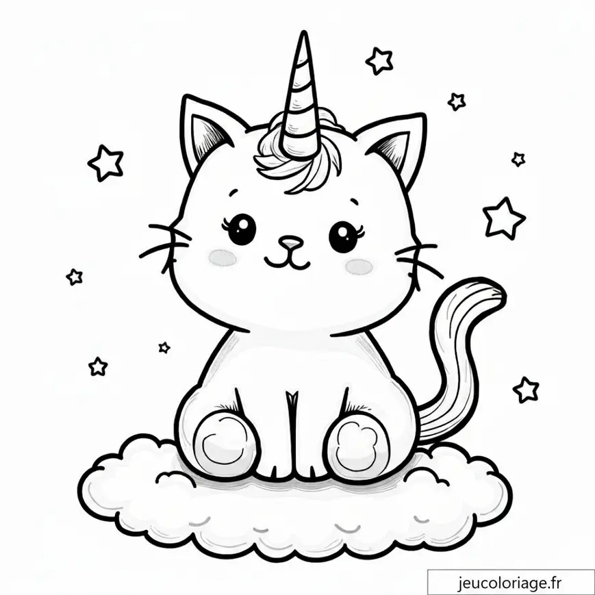 Coloriage Kawaii : Chat Licorne Magique sur un Nuage