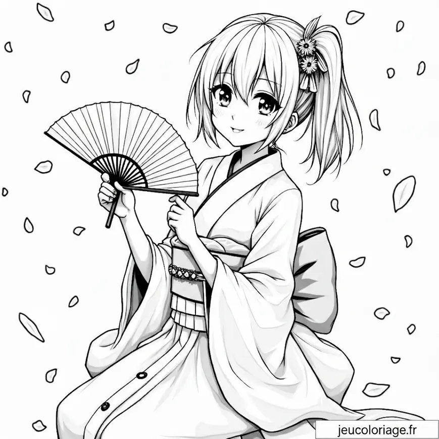 Coloriage Kimono Traditionnel et Éventail à Fleurs