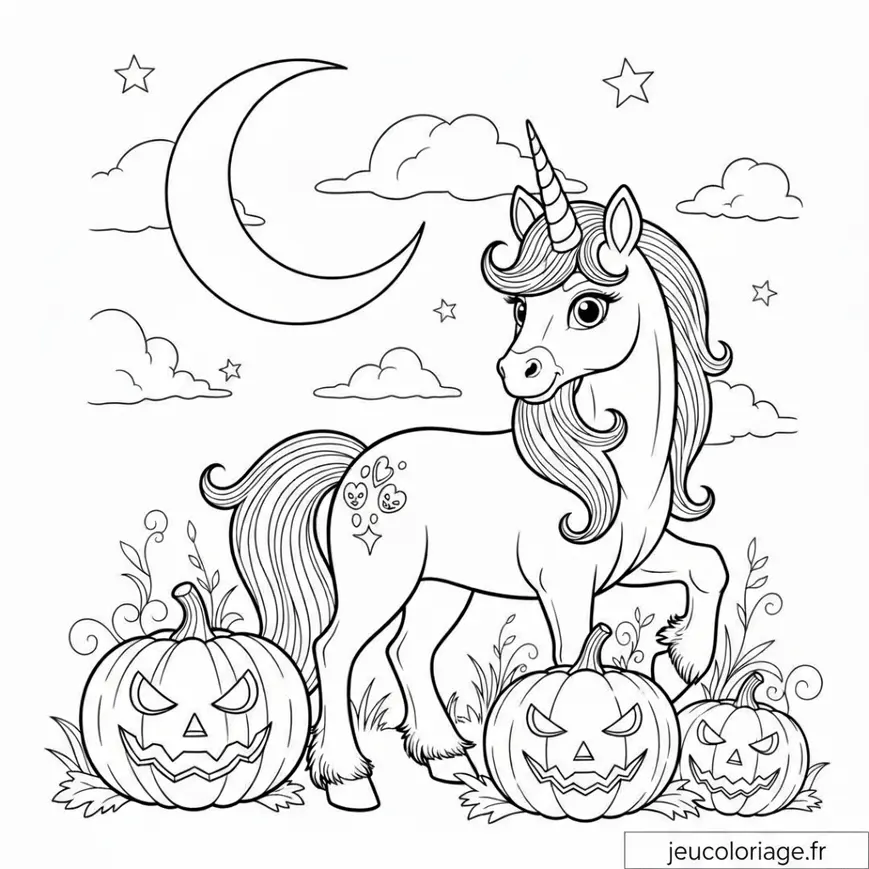 Coloriage Licorne Magique et Citrouilles Effrayantes