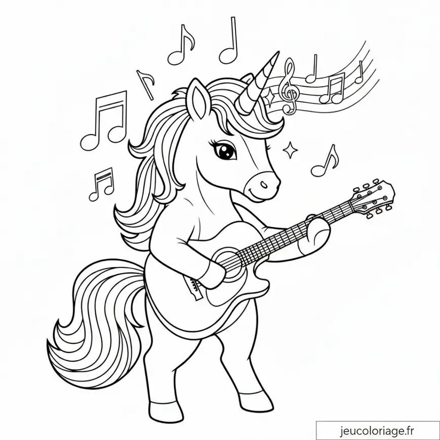 Coloriage Licorne Musicienne avec Guitare Magique