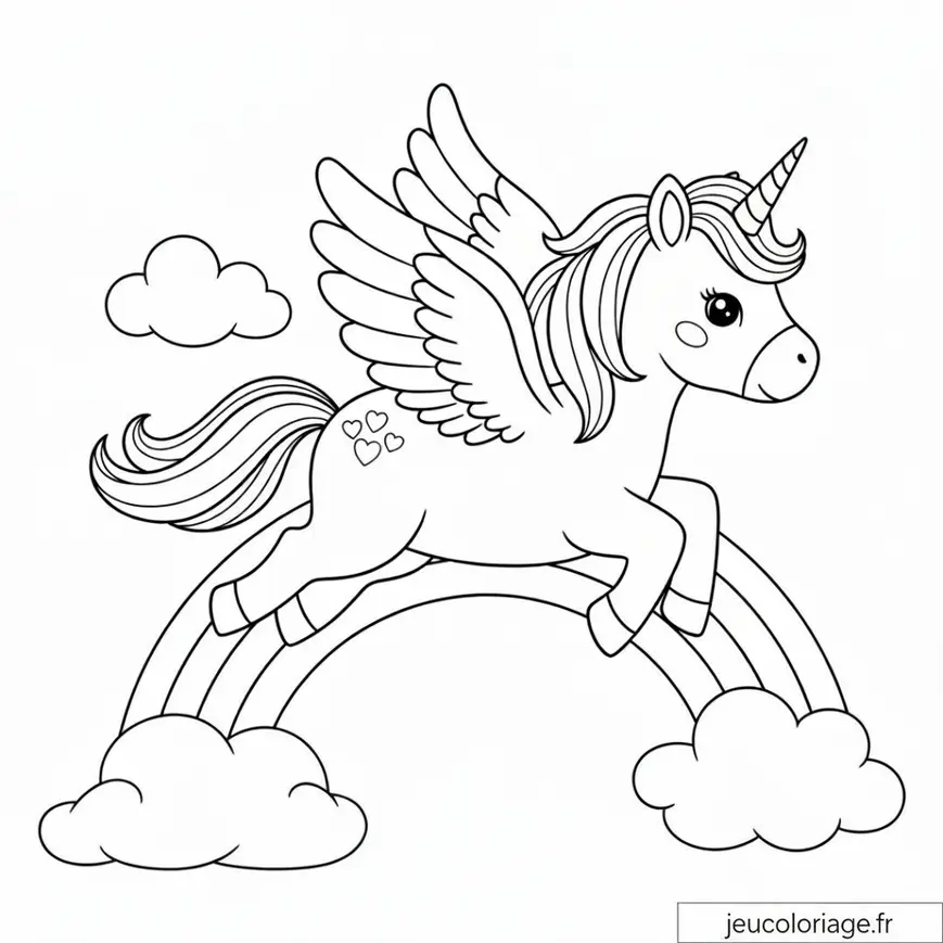 Coloriage Licorne Volante sur Arc-en-Ciel Magique