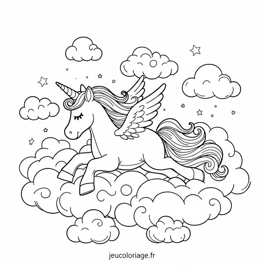 Coloriage Licorne dans les Nuages