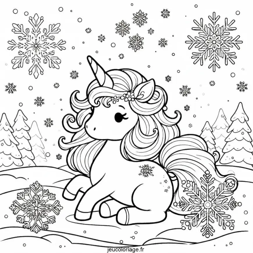 Coloriage Licorne en hiver