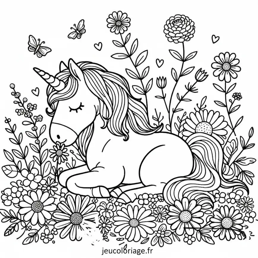 Coloriage Licorne et Fleurs