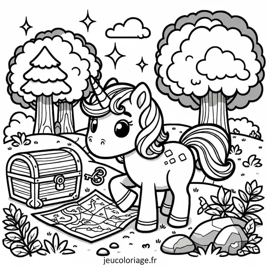 Coloriage Licorne et trésor