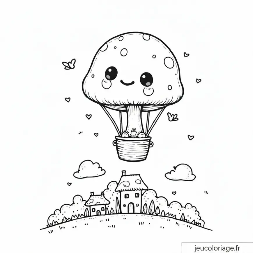 Coloriage Montgolfière Champignon Kawaii à Imprimer