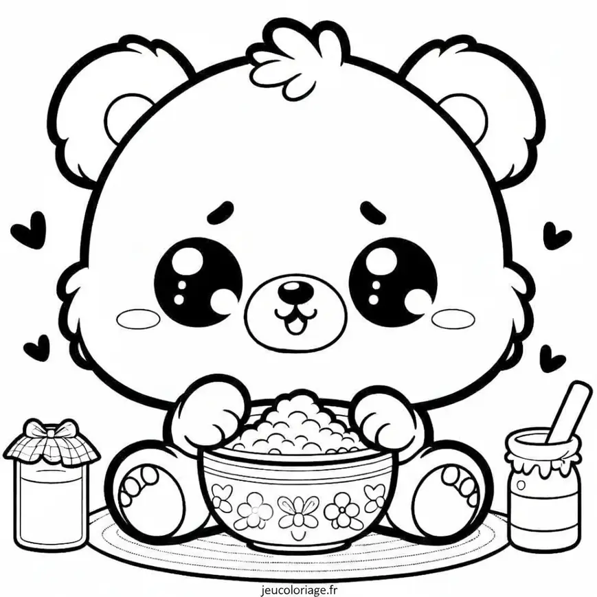 Coloriage Petit ours Disney Kawaii mangeant du porridge