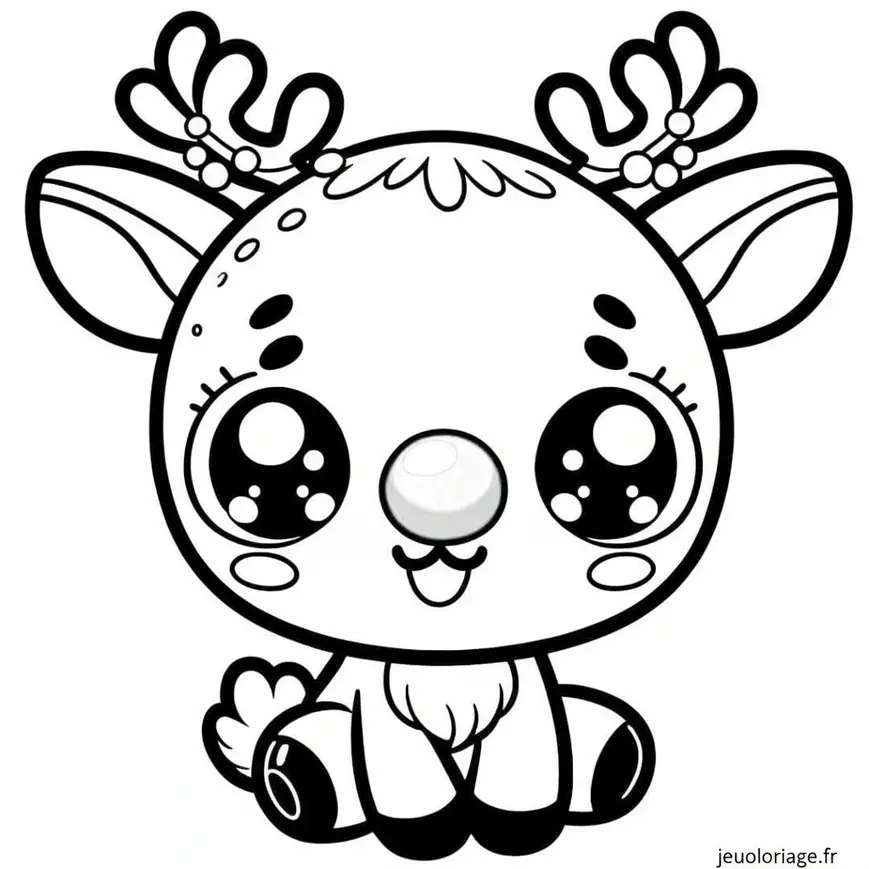 Coloriage Petit renne Disney Kawaii avec un nez rouge