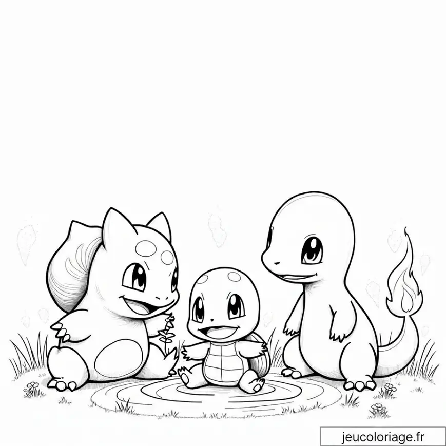 Coloriage Pokémon : Bulbizarre, Carapuce et Salamèche en Forêt
