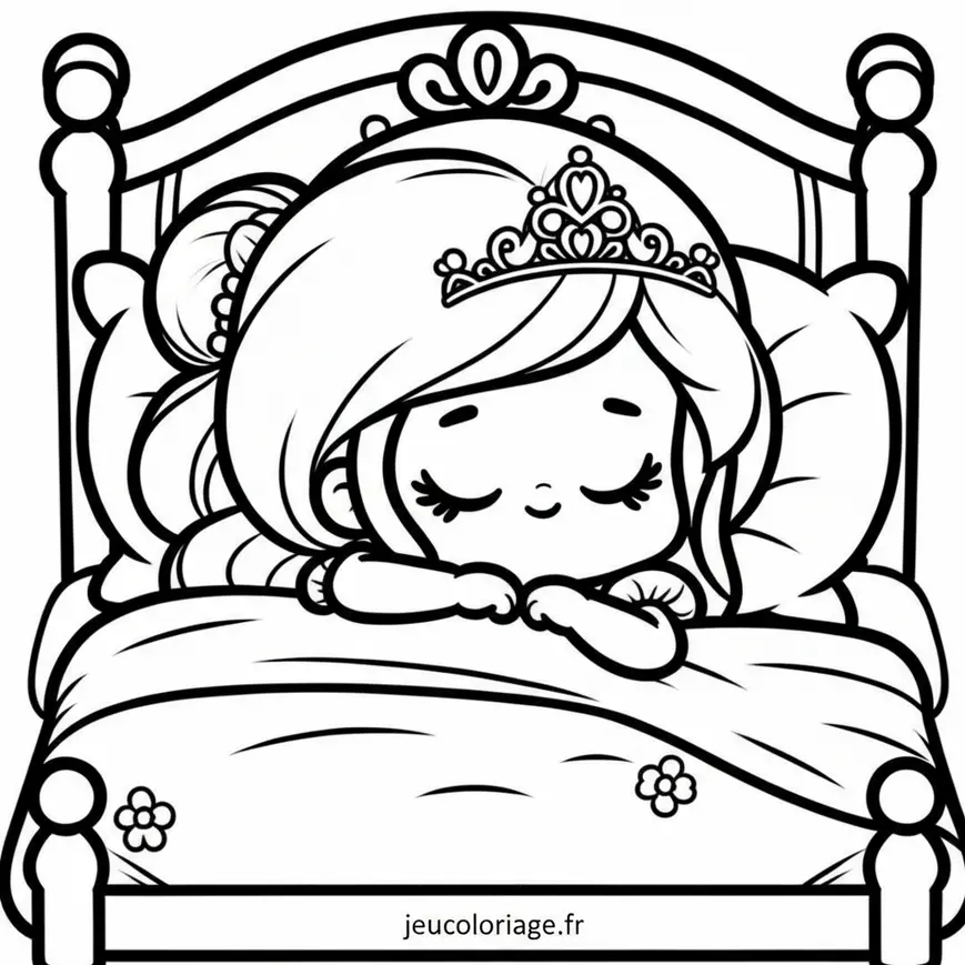 Coloriage Princesse Disney Kawaii dormant dans un lit