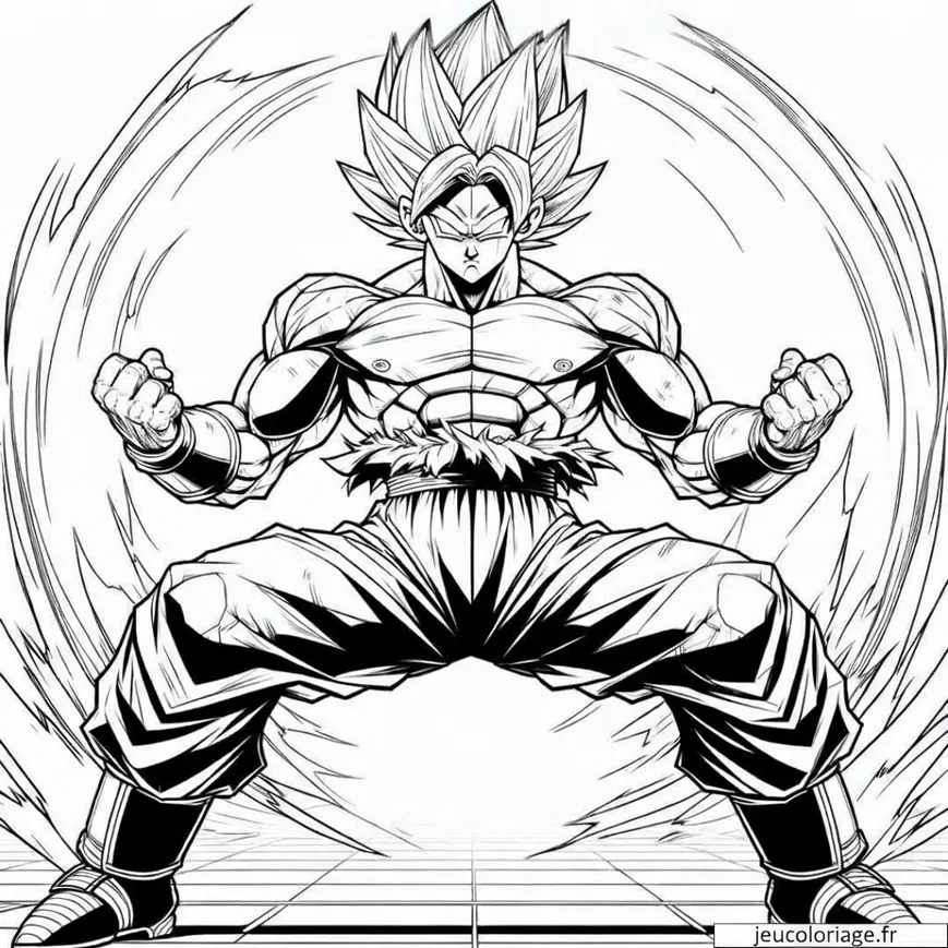 Coloriage Super Sayan en position de combat, jambes écartées