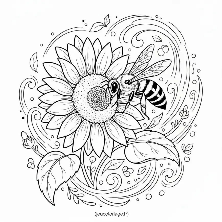 Coloriage abeille butinant un tournesol en pleine nature