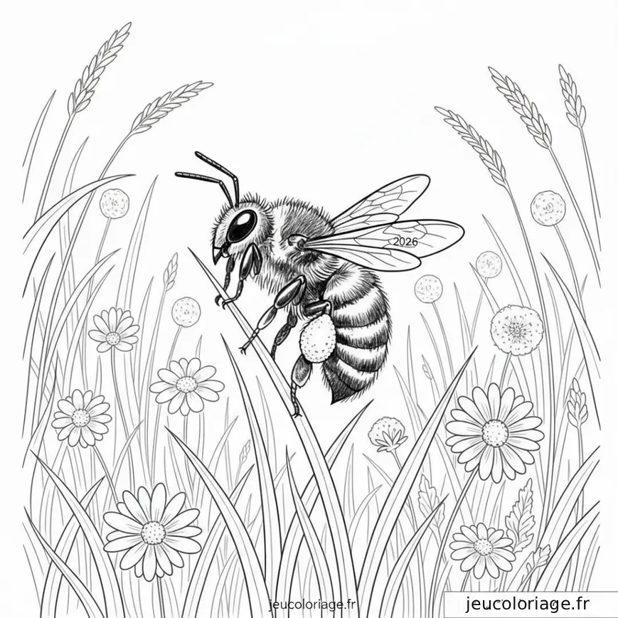 Coloriage abeille dans un champ fleuri pour relaxation