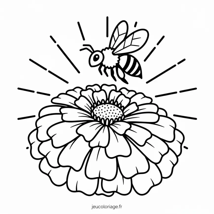 Coloriage abeille et fleur rayonnante, relaxation assurée