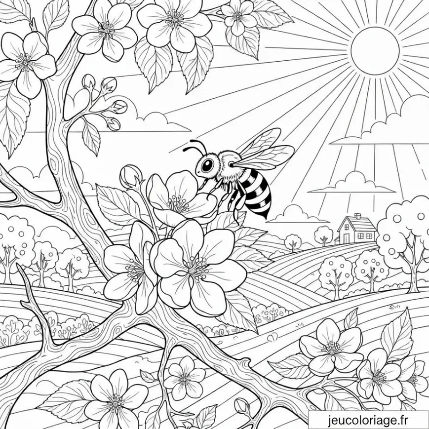 Coloriage abeille sur fleur dans champ ensoleillé