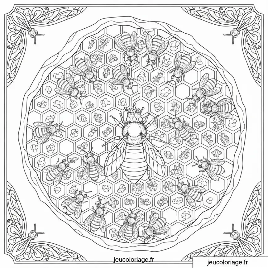 Coloriage abeilles et ruche majestueuse à imprimer