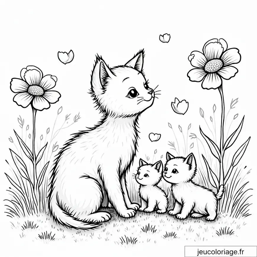 Coloriage adorable de chatons au jardin fleuri
