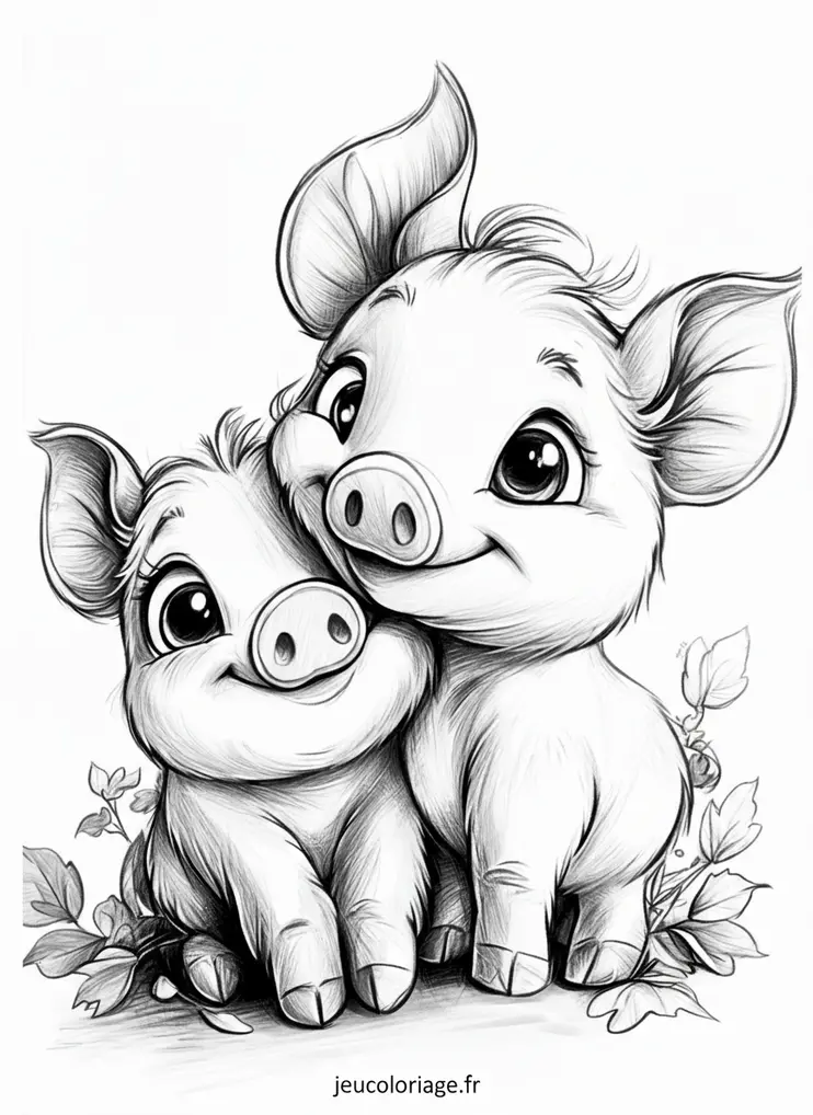 Coloriage adorable de deux cochons câlins