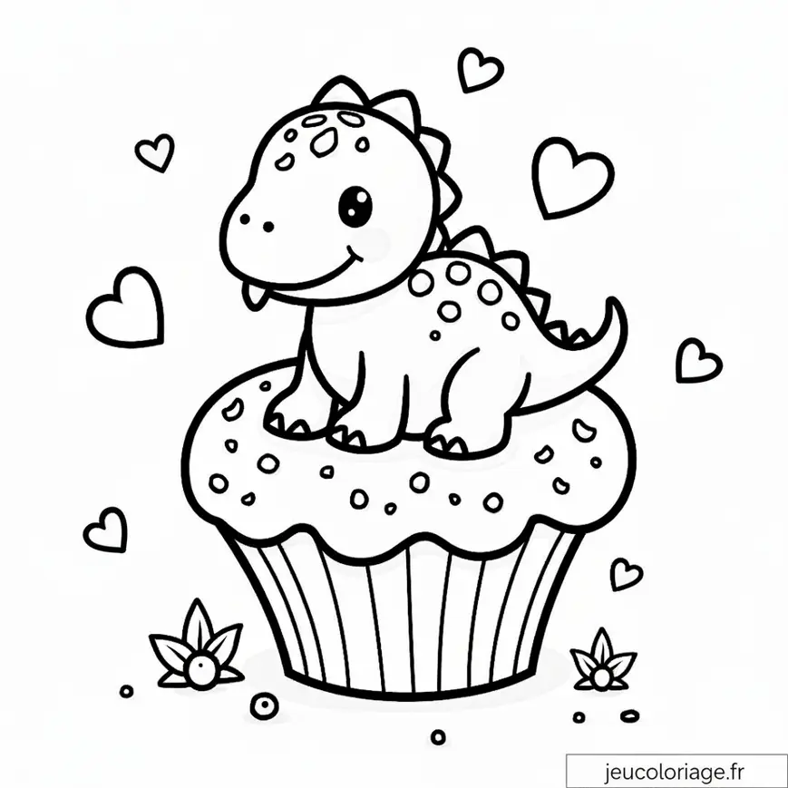 Coloriage adorable de dinosaure sur cupcake pour enfants