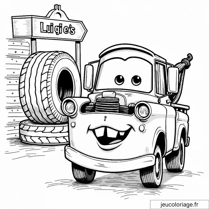 Coloriage amusant de dépanneuse Cars à la station Luigi