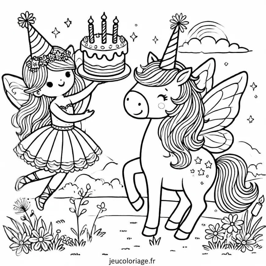 Coloriage anniversaire avec fée et licorne