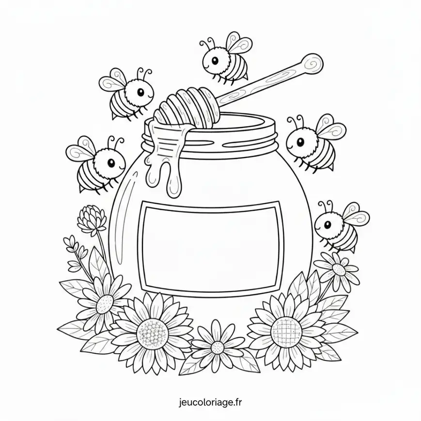 Coloriage bocal de miel et abeilles animées