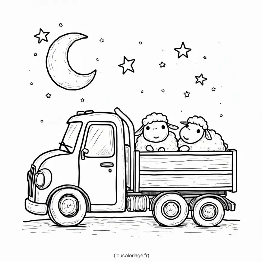 Coloriage camion avec moutons sous un ciel étoilé magique