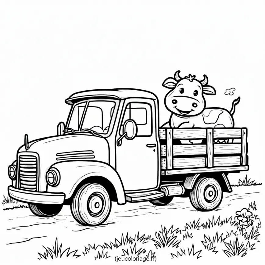 Coloriage camion de ferme avec vache amusante à imprimer