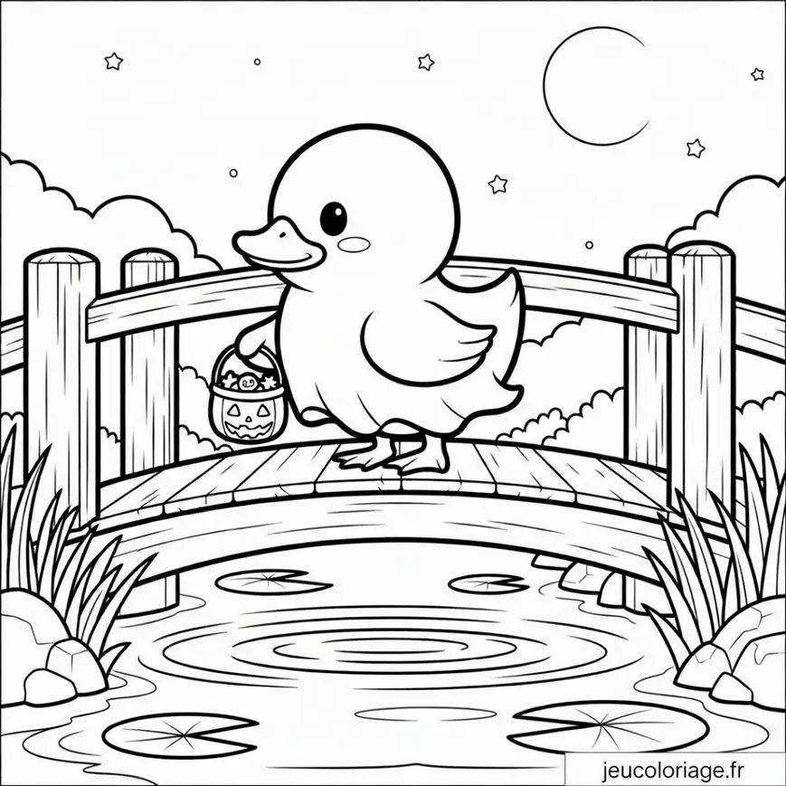Coloriage canard sur pont avec lanterne magique nocturne