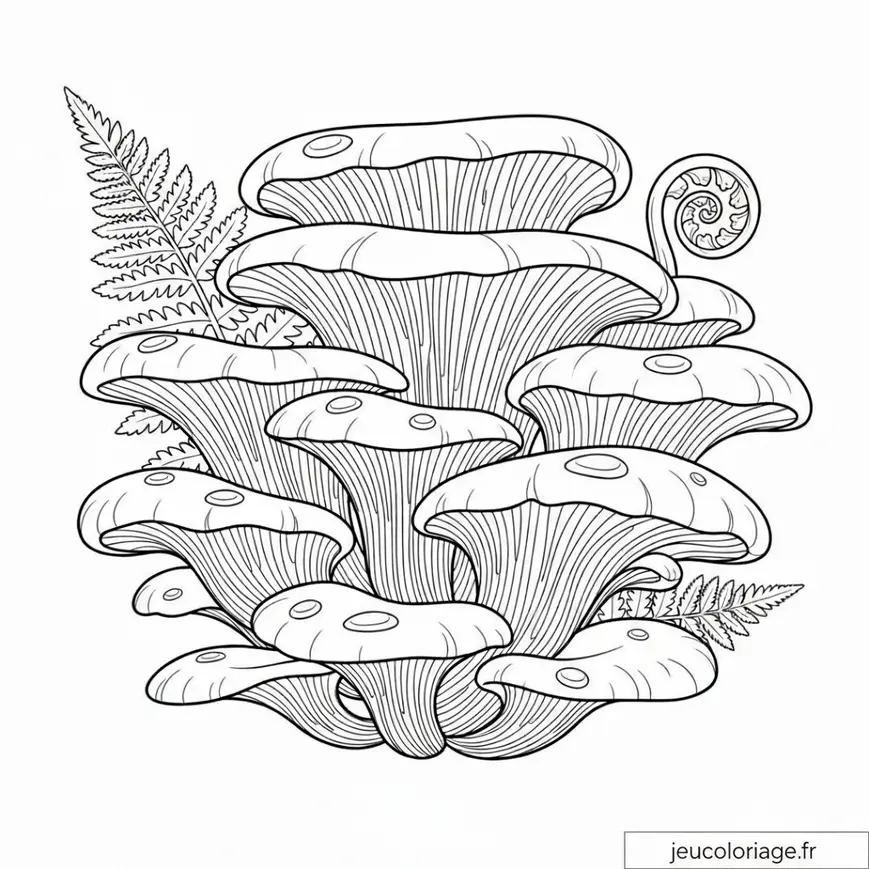 Coloriage champignons féeriques et fougères luxuriantes