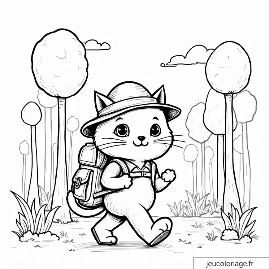 Coloriage chat aventurier en balade dans la forêt magique